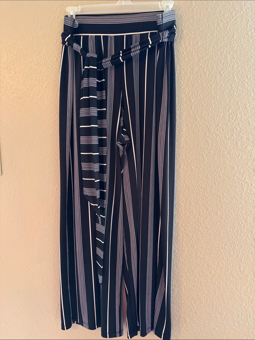 Petite Black and White Strip, Wide Leg, Tie Belt, Wide Waist Band Trouser